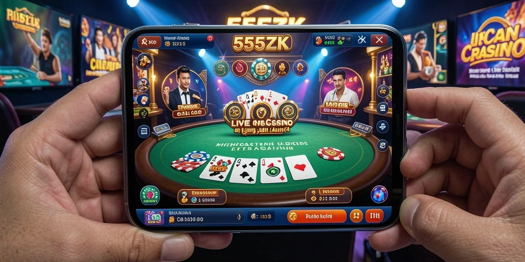 Tangkapan layar 555ZK yang menampilkan dealer langsung dan suasana Live Casino.