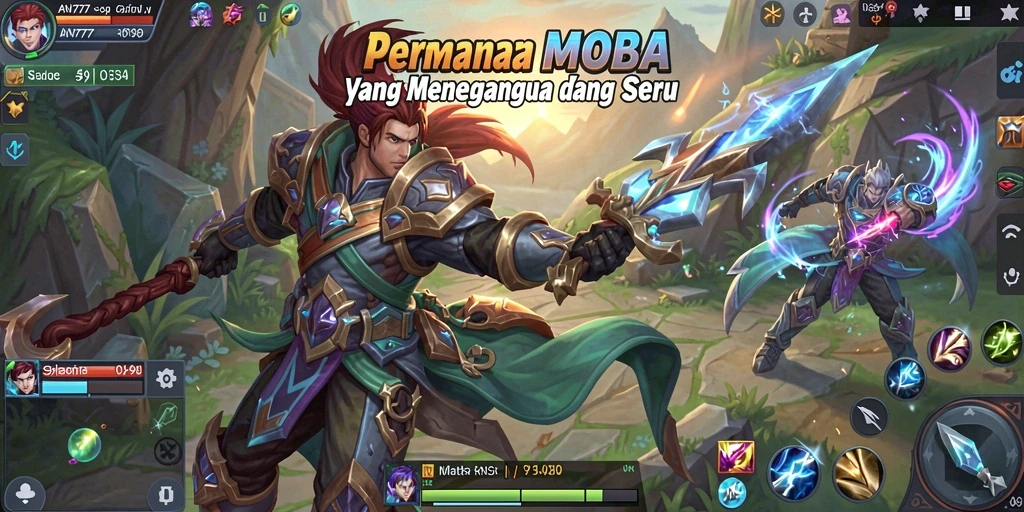 Screenshot AN777 menampilkan aksi intens di arena MOBA.