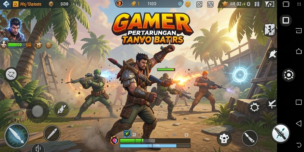 Screenshot menunjukkan pertarungan intens dengan karakter unik di arena.