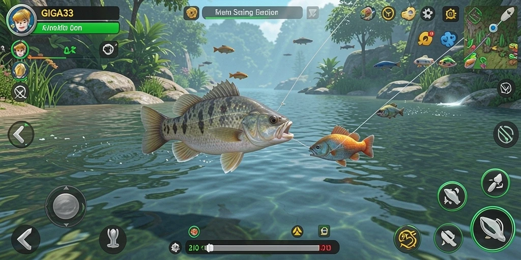 Screenshot GIGA33 menampilkan pemain sedang menangkap ikan di danau.