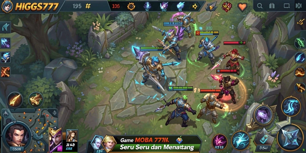 Screenshot gameplay HIGGS777 menampilkan aksi seru pertempuran antartim.