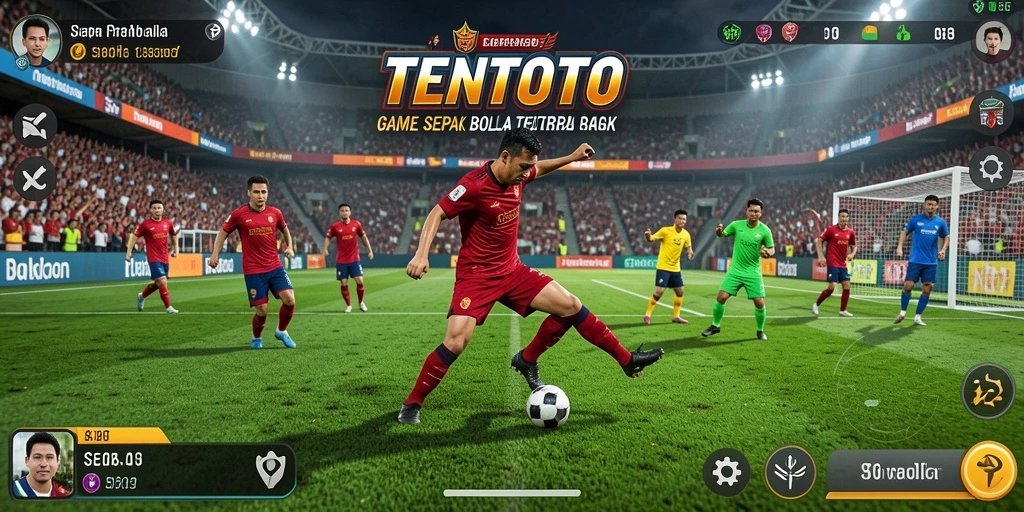 Screenshot gameplay TENTOTO yang menunjukkan aksi pertandingan sepak bola.