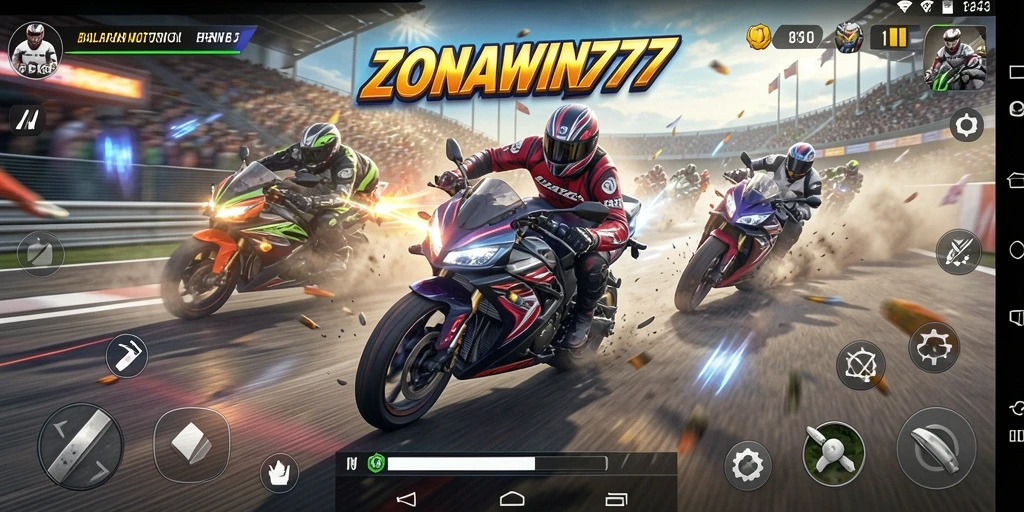Screenshot gameplay ZONAWIN777 dengan aksi balapan motor yang menegangkan.